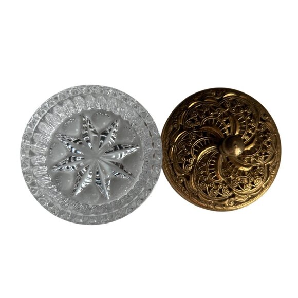 Vintage Mini Glass Trinket Dish With Ornate Gold Metal Lid Starburst - Picture 3 of 7